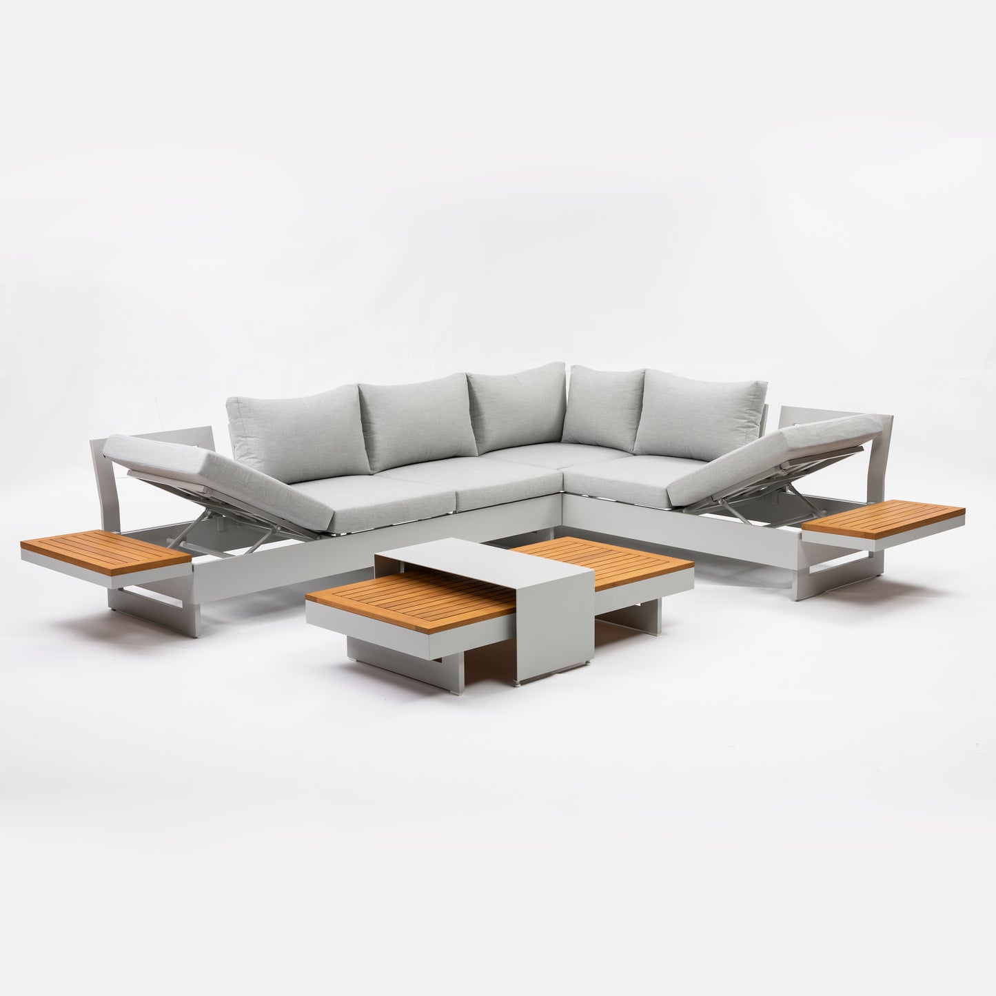 Molise II – Modular Aluminum Outdoor Sofa Set for 6, Gen 2 with Acacia Wood Accent Tables