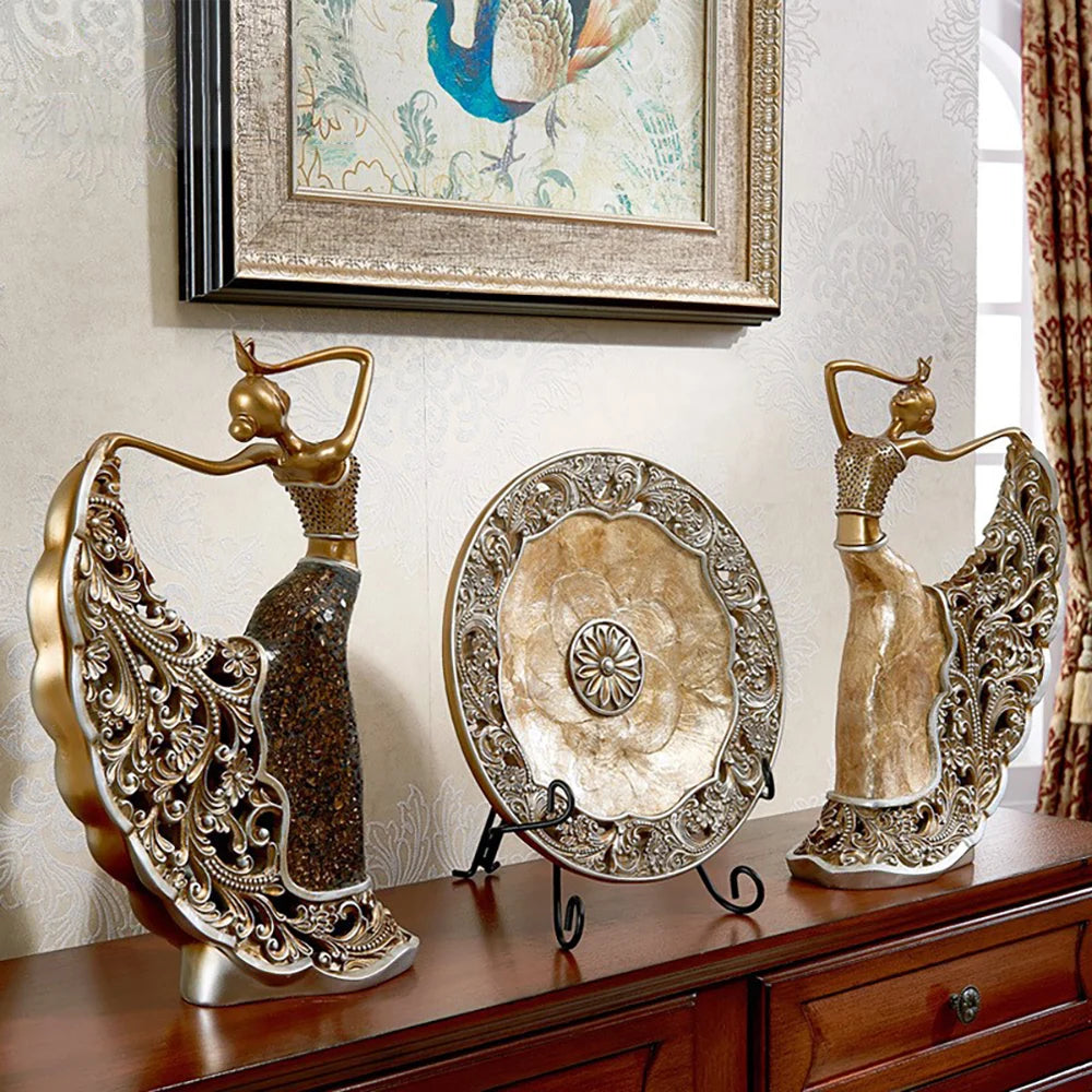 3-Piece Vintage Gold Dancer Sculpture Set with Decorative Shell Plate – Elegant Desktop Decor
