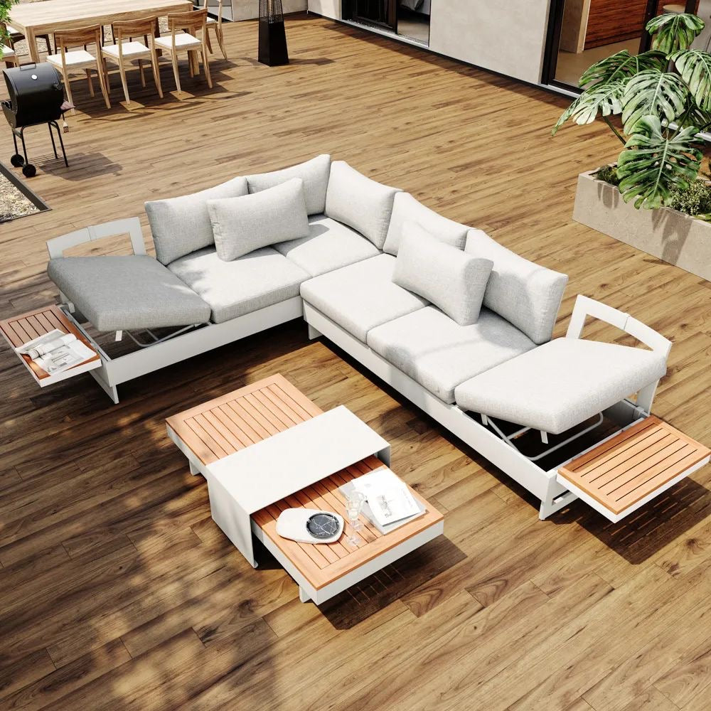 Molise II – Modular Aluminum Outdoor Sofa Set for 6, Gen 2 with Acacia Wood Accent Tables