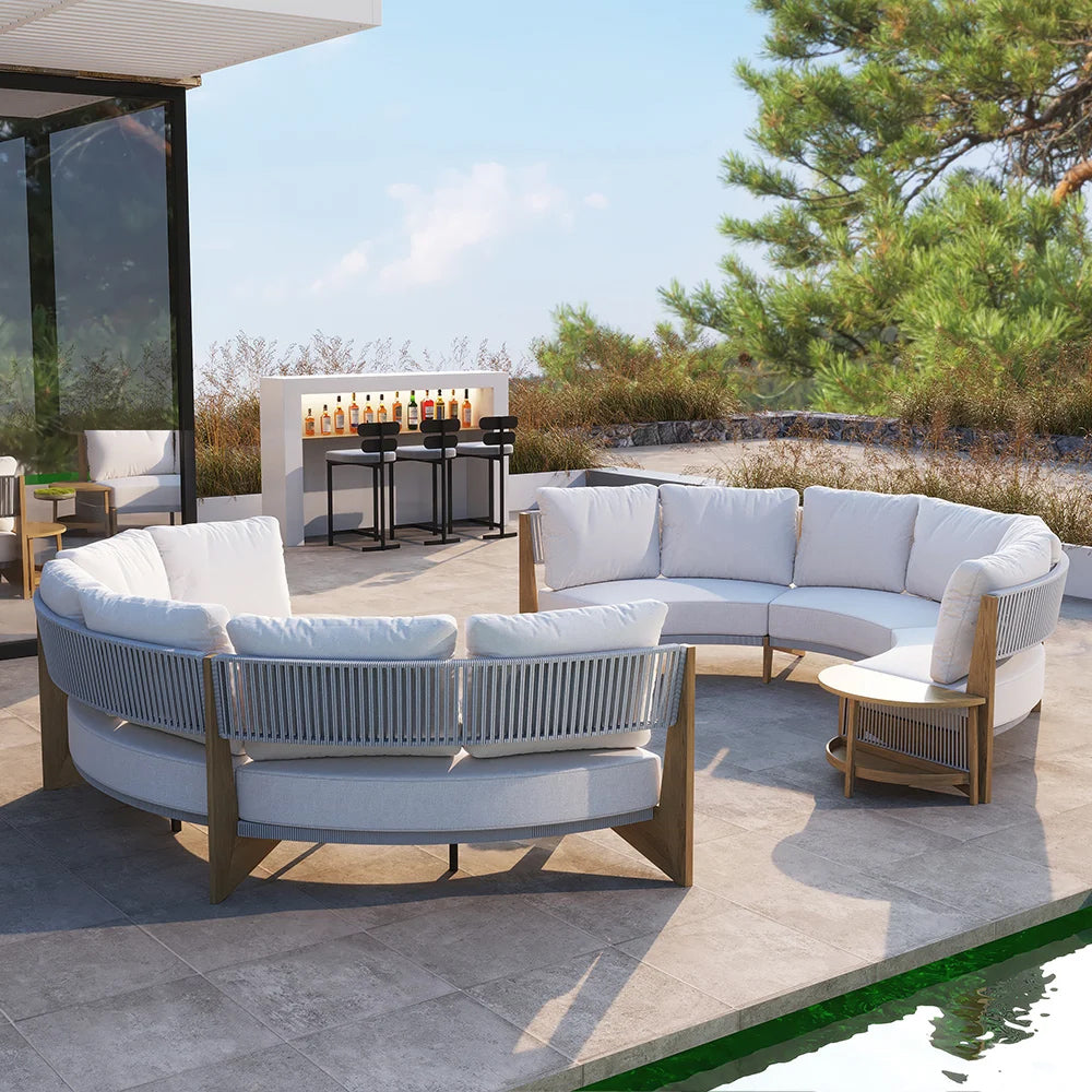 Curved Aluminum Outdoor Round Sectional Sofa Set with Coffee Table – Customizable Frame & Cushion Colors