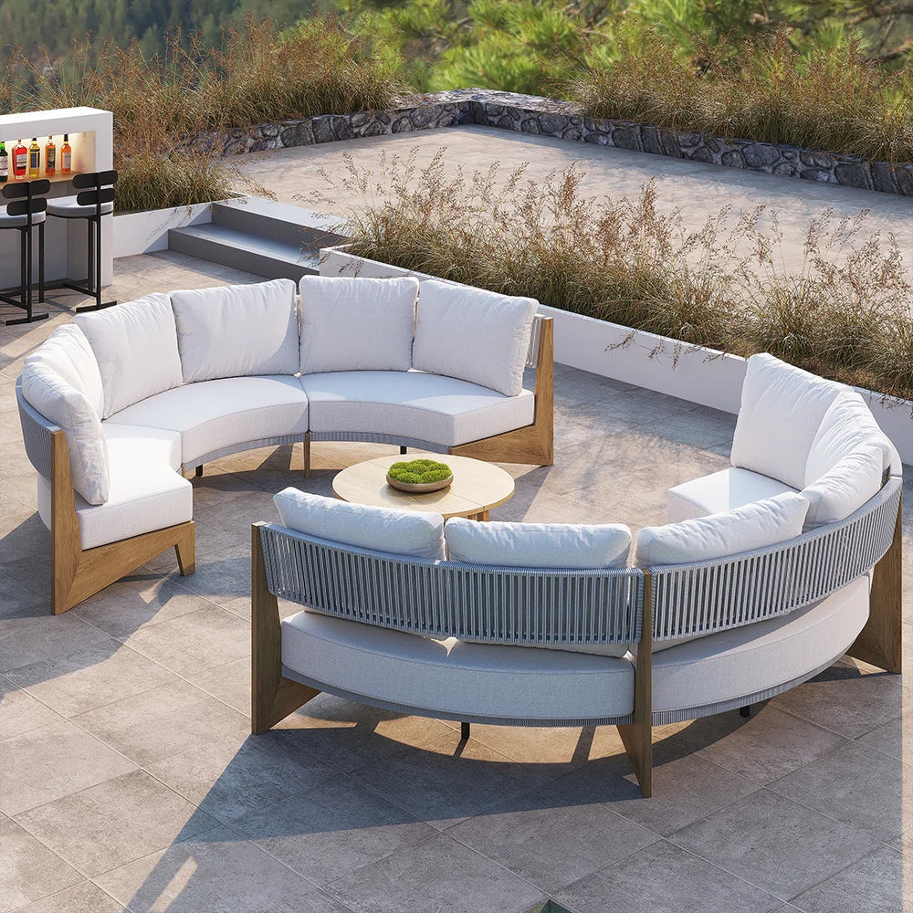 Curved Aluminum Outdoor Round Sectional Sofa Set with Coffee Table – Customizable Frame & Cushion Colors