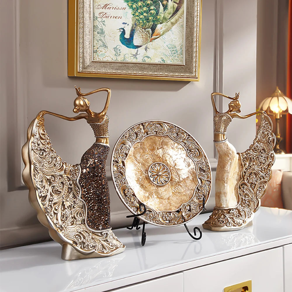 3-Piece Vintage Gold Dancer Sculpture Set with Decorative Shell Plate – Elegant Desktop Decor