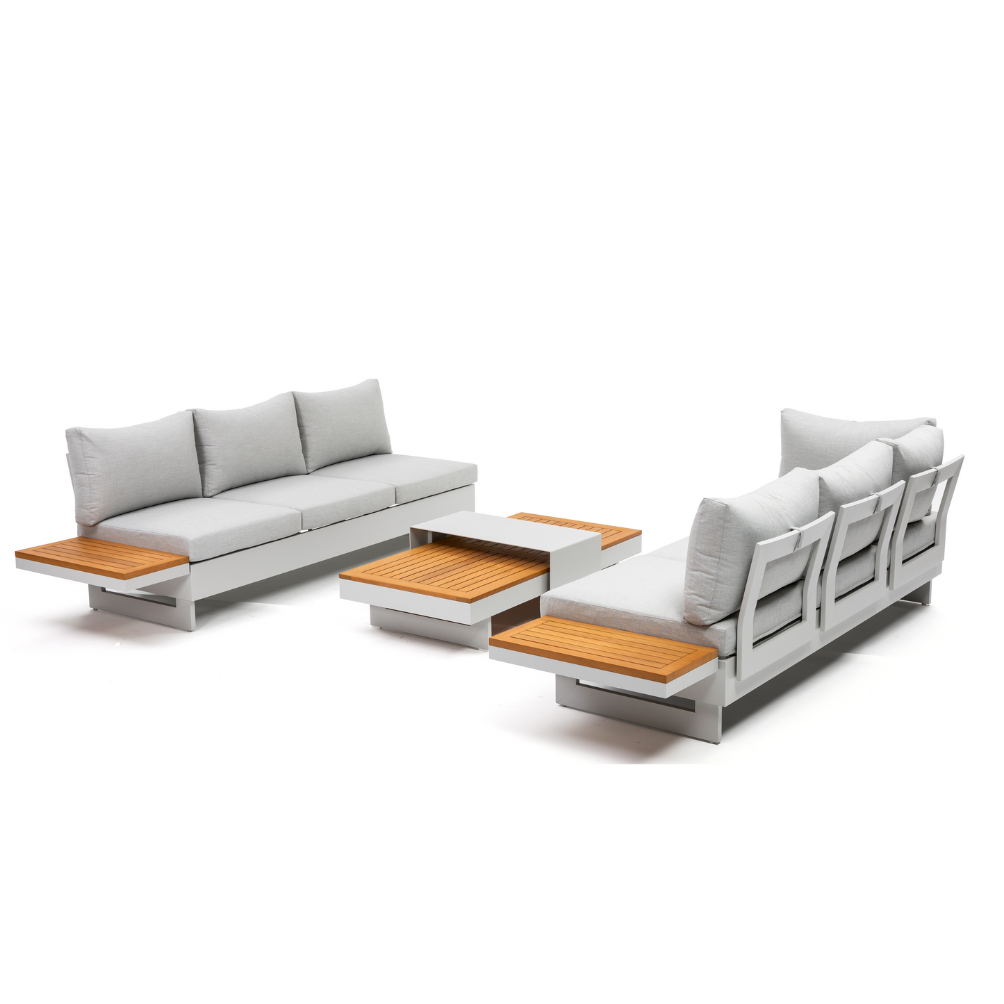 Molise II – Modular Aluminum Outdoor Sofa Set for 6, Gen 2 with Acacia Wood Accent Tables
