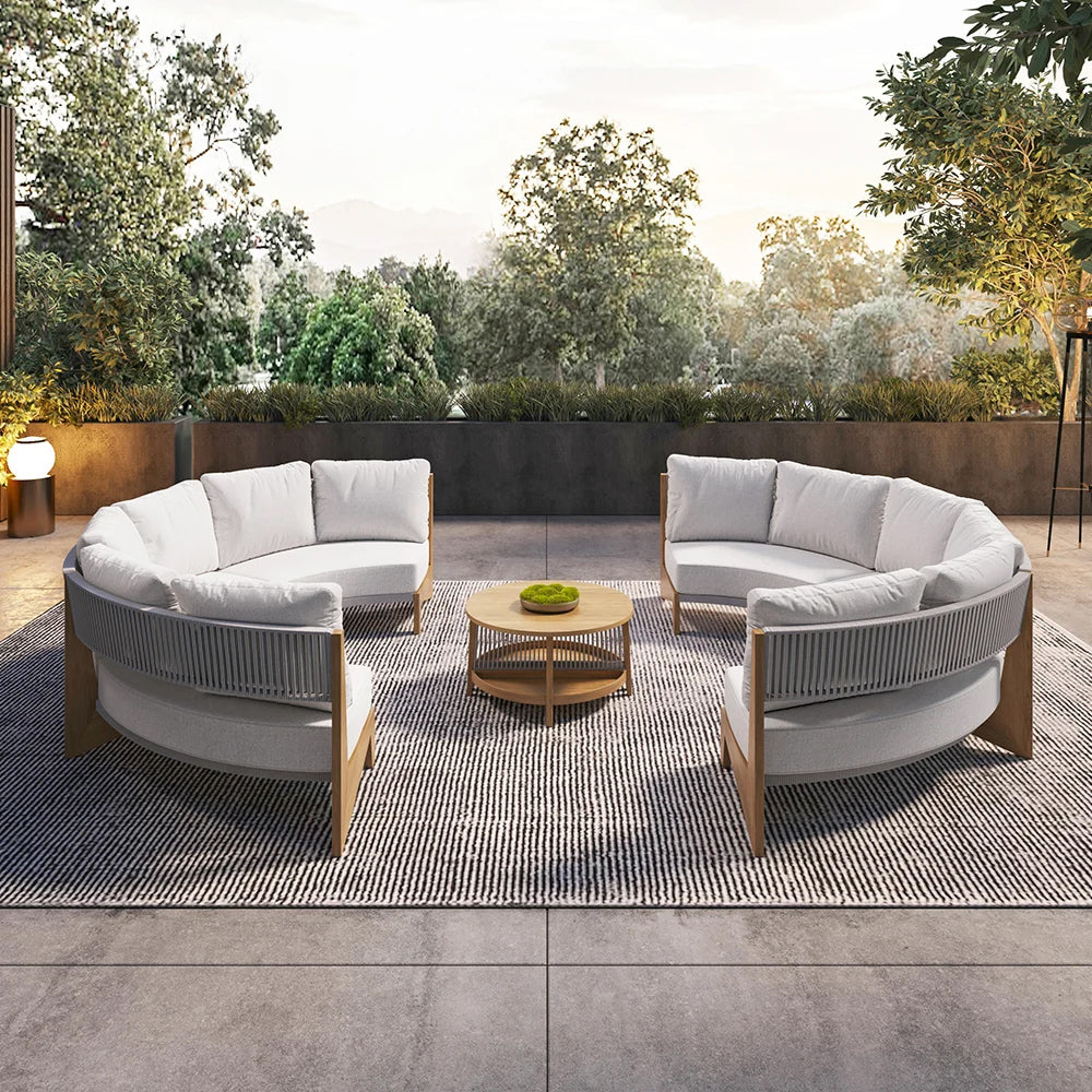 Curved Aluminum Outdoor Round Sectional Sofa Set with Coffee Table – Customizable Frame & Cushion Colors