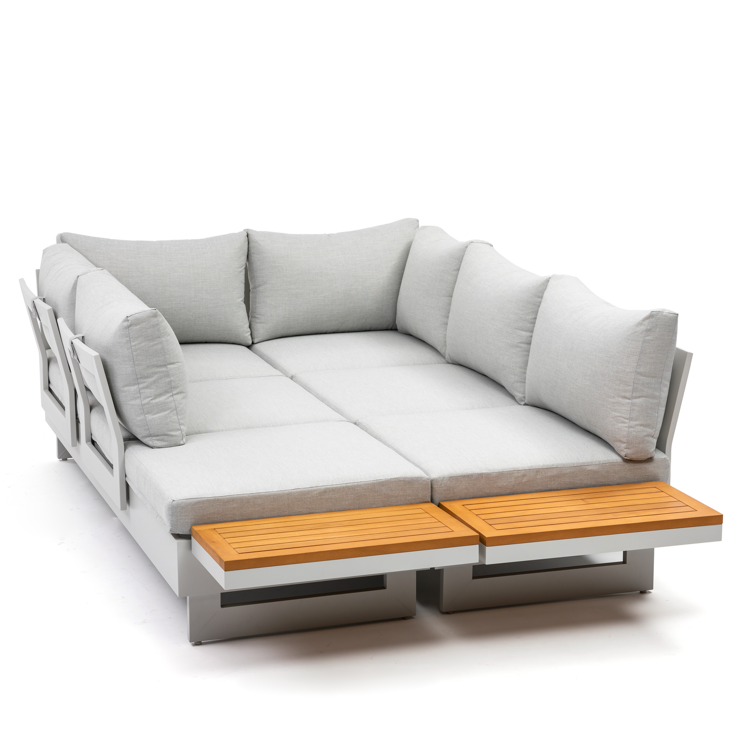 Molise II – Modular Aluminum Outdoor Sofa Set for 6, Gen 2 with Acacia Wood Accent Tables