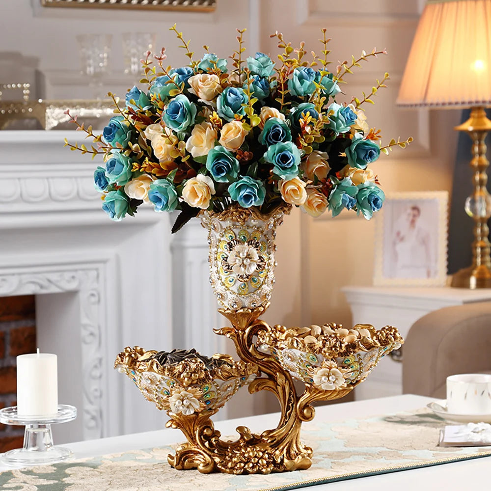 Elegant Gold & White 2-Tier Fruit Basket with Vase – Luxury Resin Snack Tray Decor
