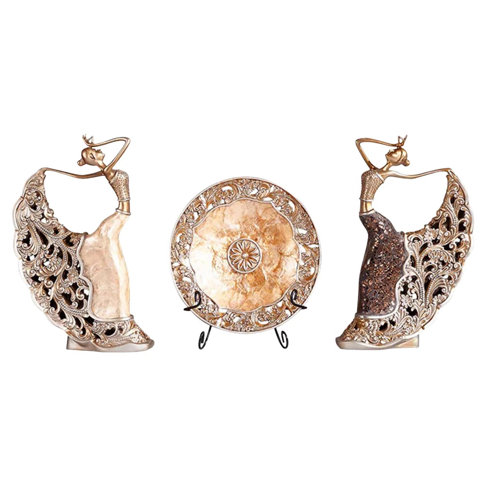 3-Piece Vintage Gold Dancer Sculpture Set with Decorative Shell Plate – Elegant Desktop Decor