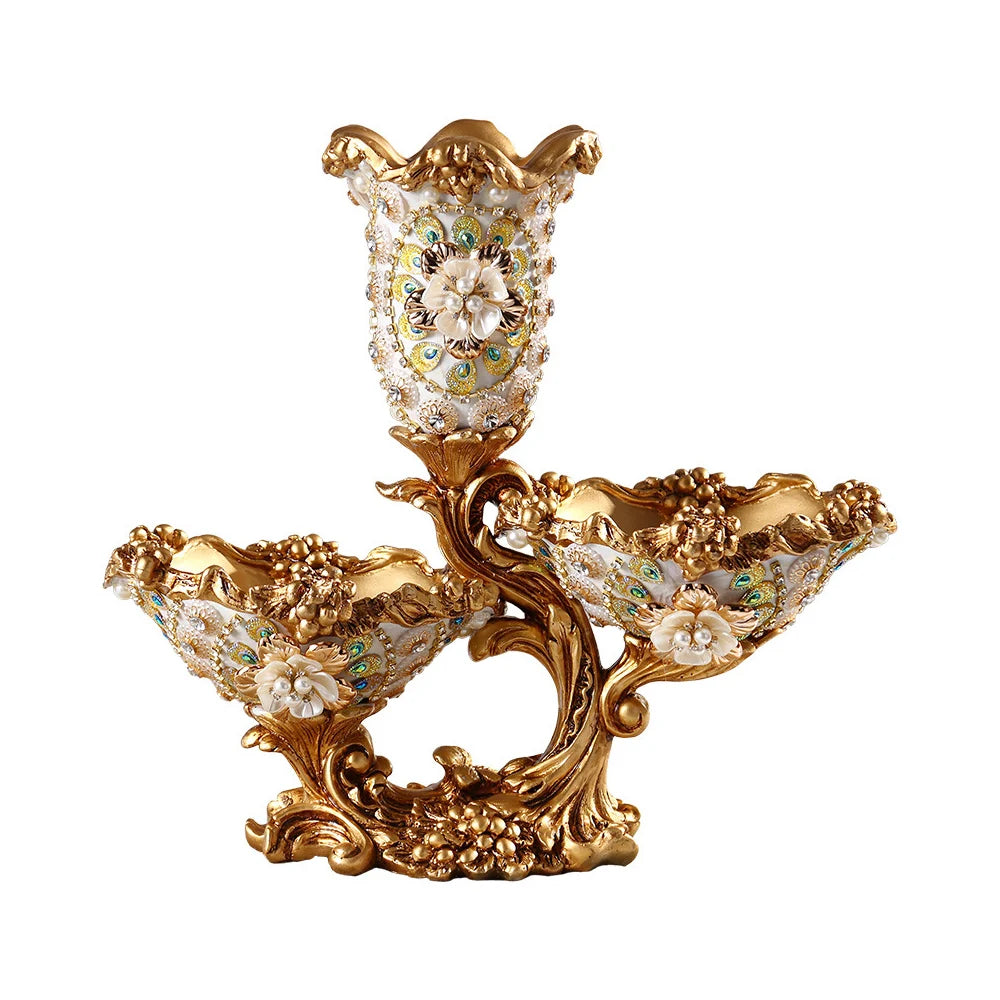 Elegant Gold & White 2-Tier Fruit Basket with Vase – Luxury Resin Snack Tray Decor