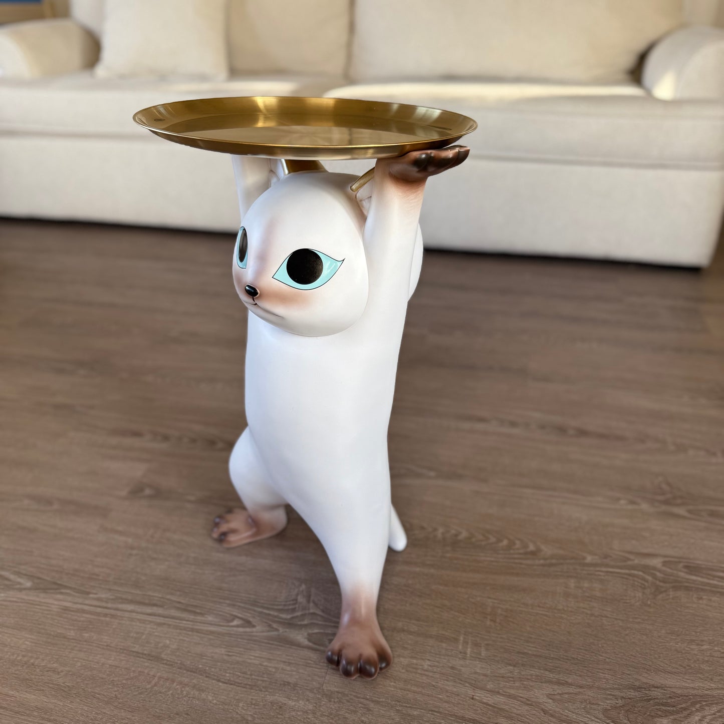 Modern Resin Cat Side Table with Gold Tray – Decorative Floor Figurine End Table