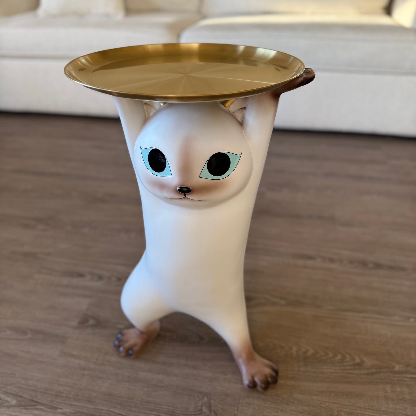 Modern Resin Cat Side Table with Gold Tray – Decorative Floor Figurine End Table