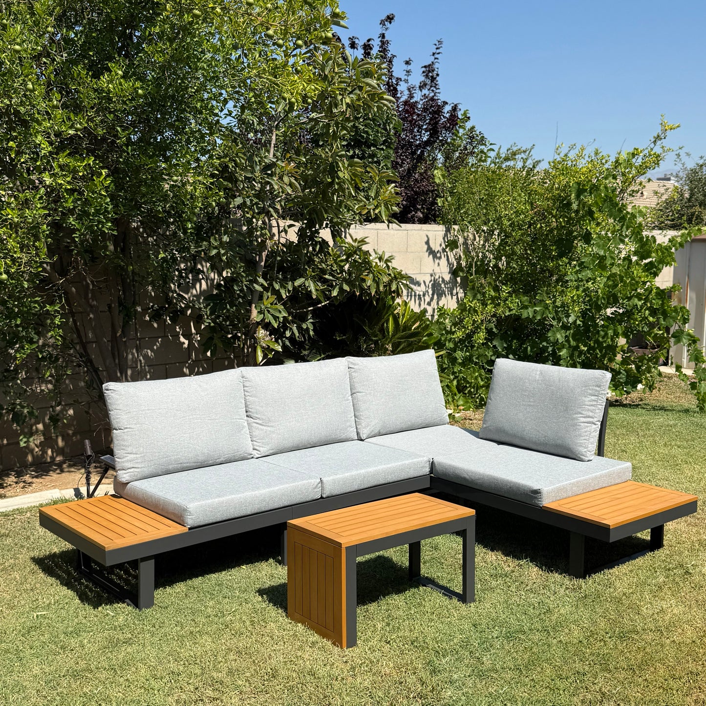 Outdoor Acacia Wood Sectional Sofa Set with Cushions & Side Table – Seats 4