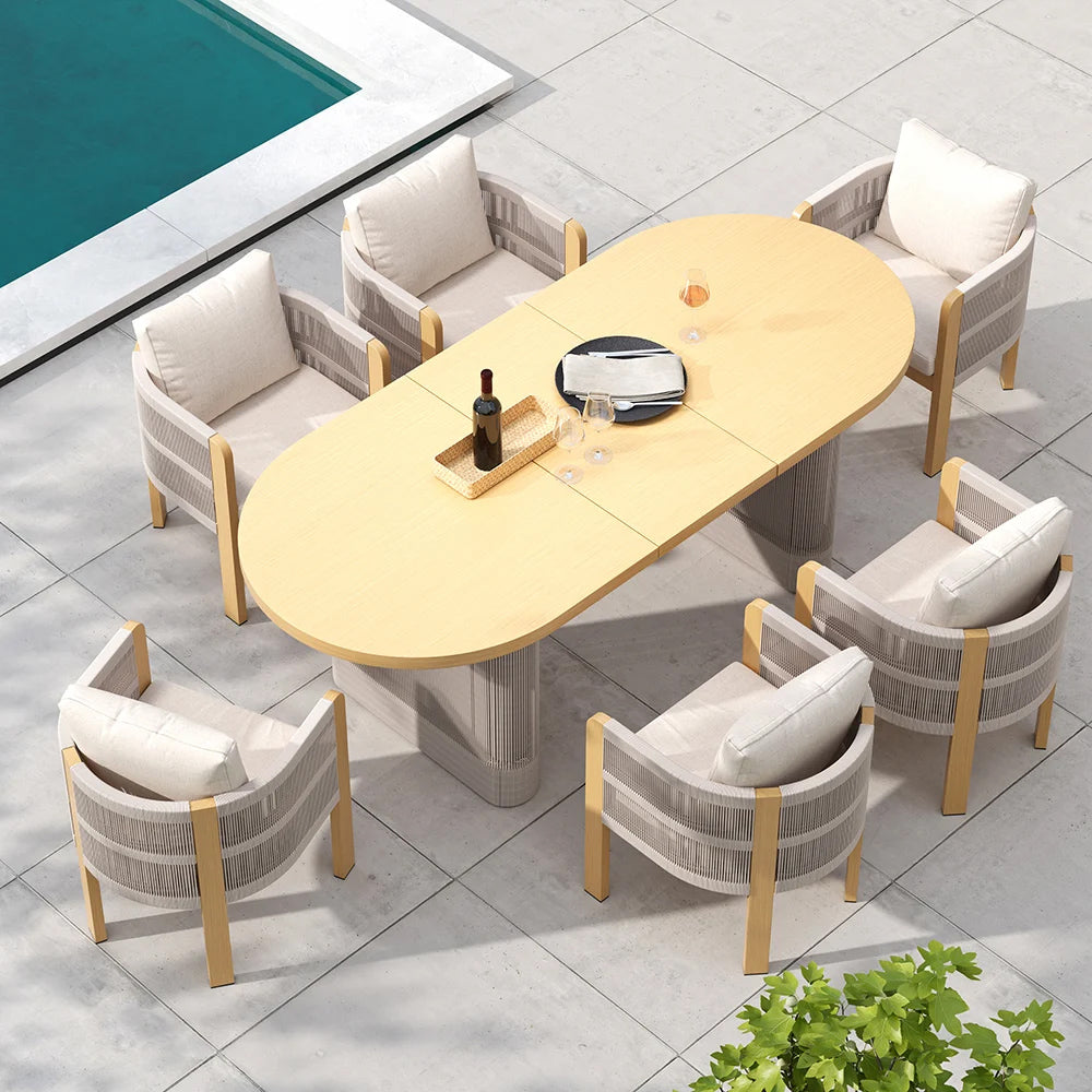 7-Piece Outdoor Dining Set with Extendable Table and 6 Rope Woven Armchairs – Weather-Resistant Patio Furniture for 6 People