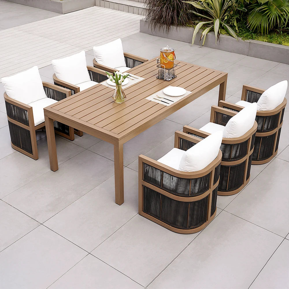 7-Piece Outdoor Dining Set for 6 – Rectangular Table with Rope-Woven Armchairs in Natural Finish