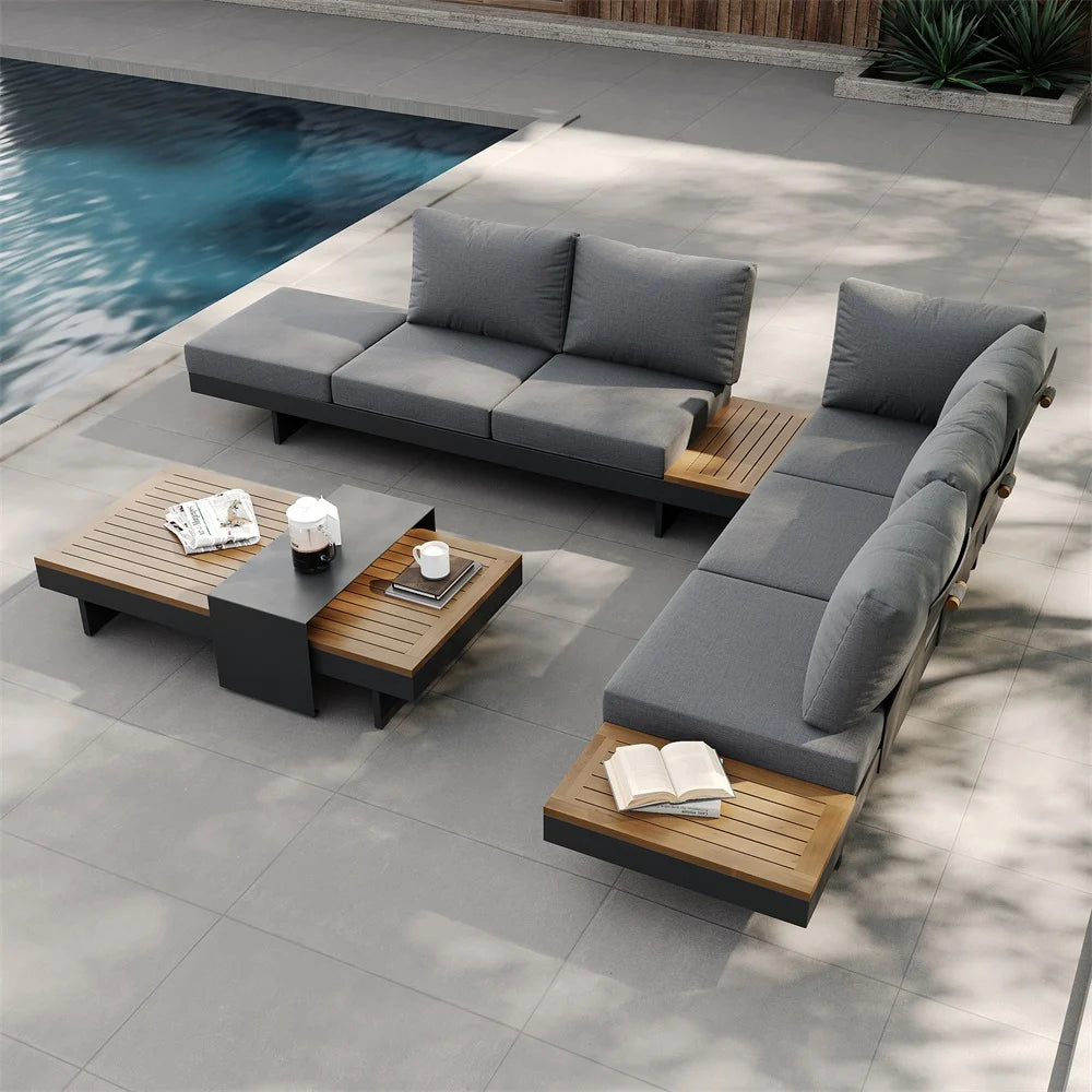 Modular Aluminum Outdoor Sofa Set for 6 – Teak Accent Tables, Beige or Gray Options