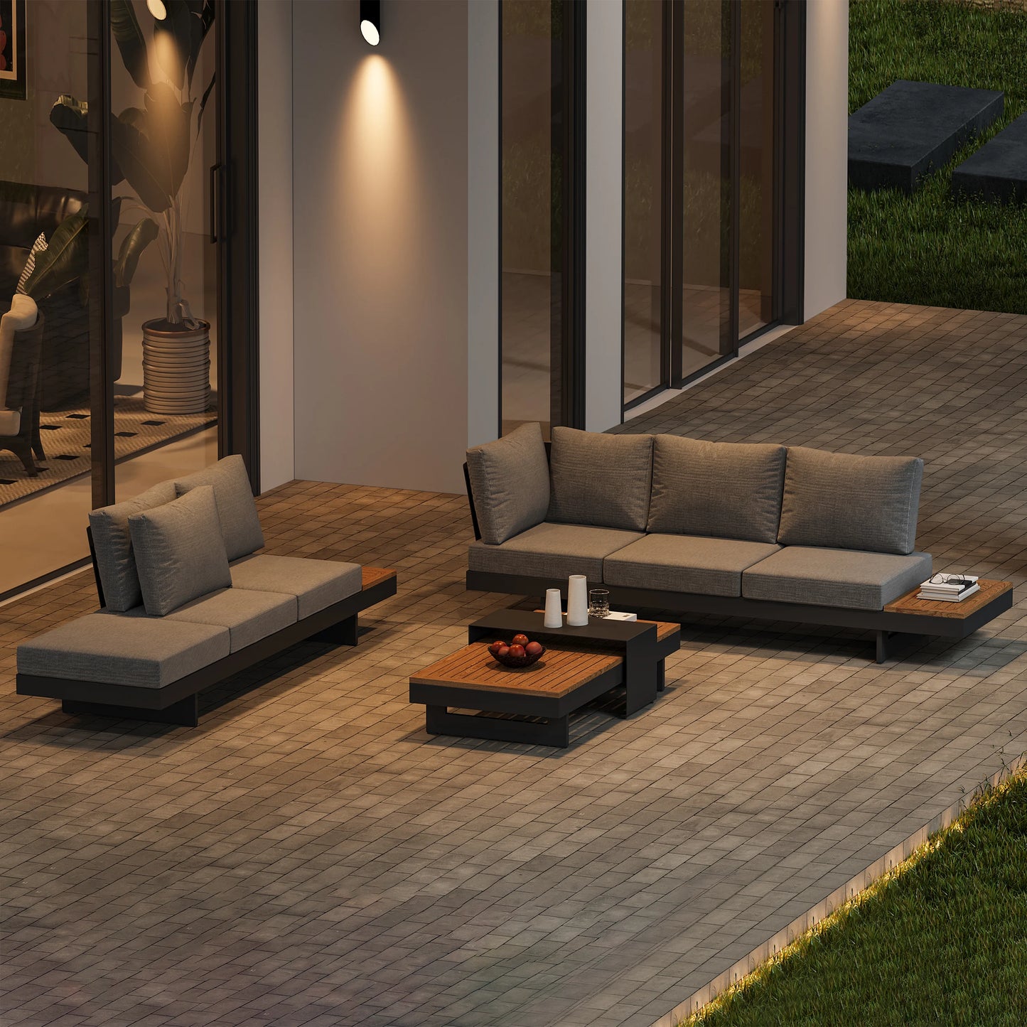 Modular Aluminum Outdoor Sofa Set for 6 – Teak Accent Tables, Beige or Gray Options