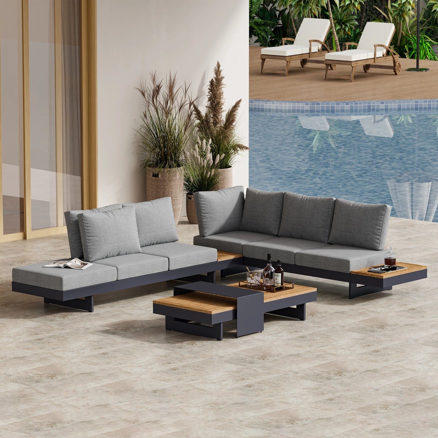 Modular Aluminum Outdoor Sofa Set for 6 – Teak Accent Tables, Beige or Gray Options