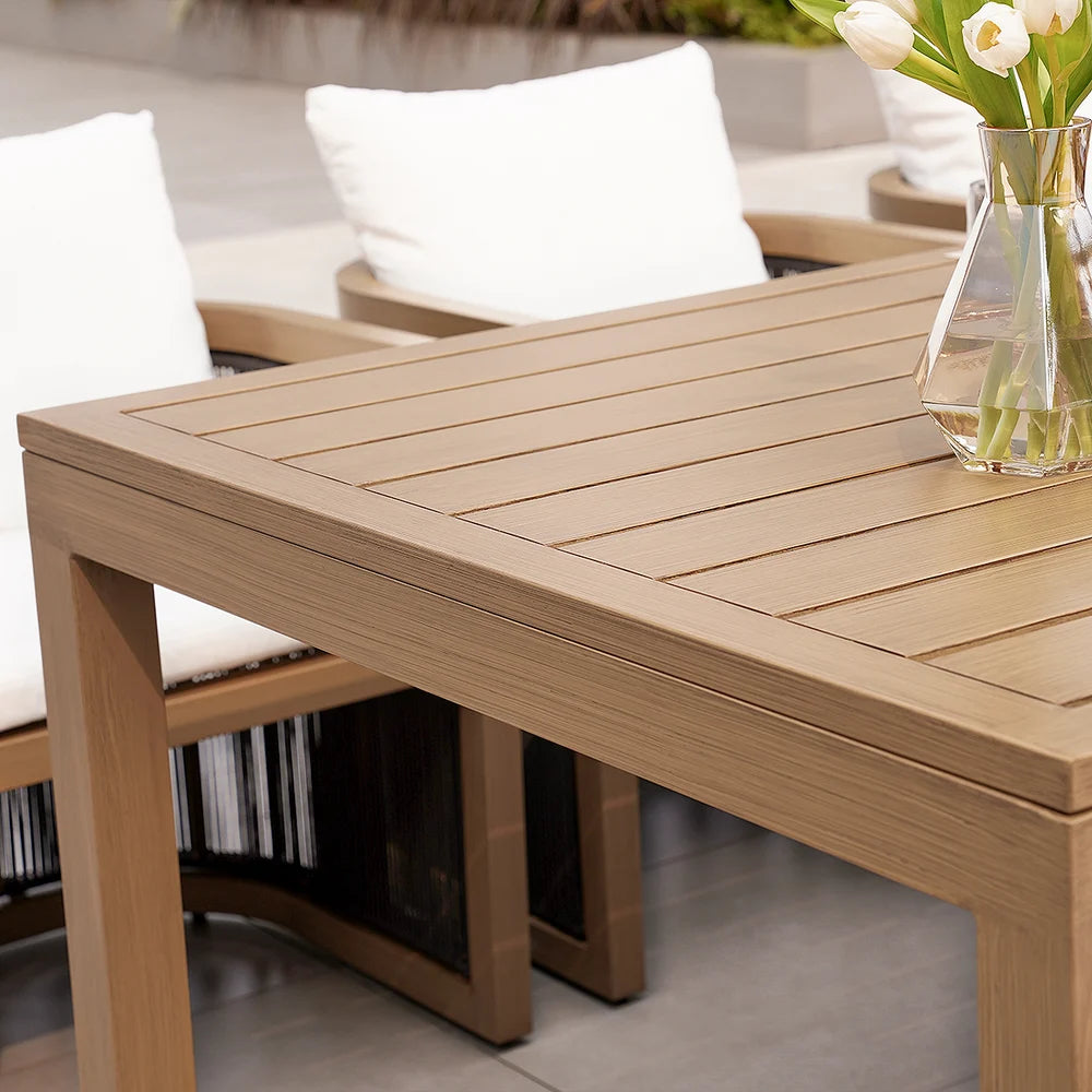 7-Piece Outdoor Dining Set for 6 – Rectangular Table with Rope-Woven Armchairs in Natural Finish
