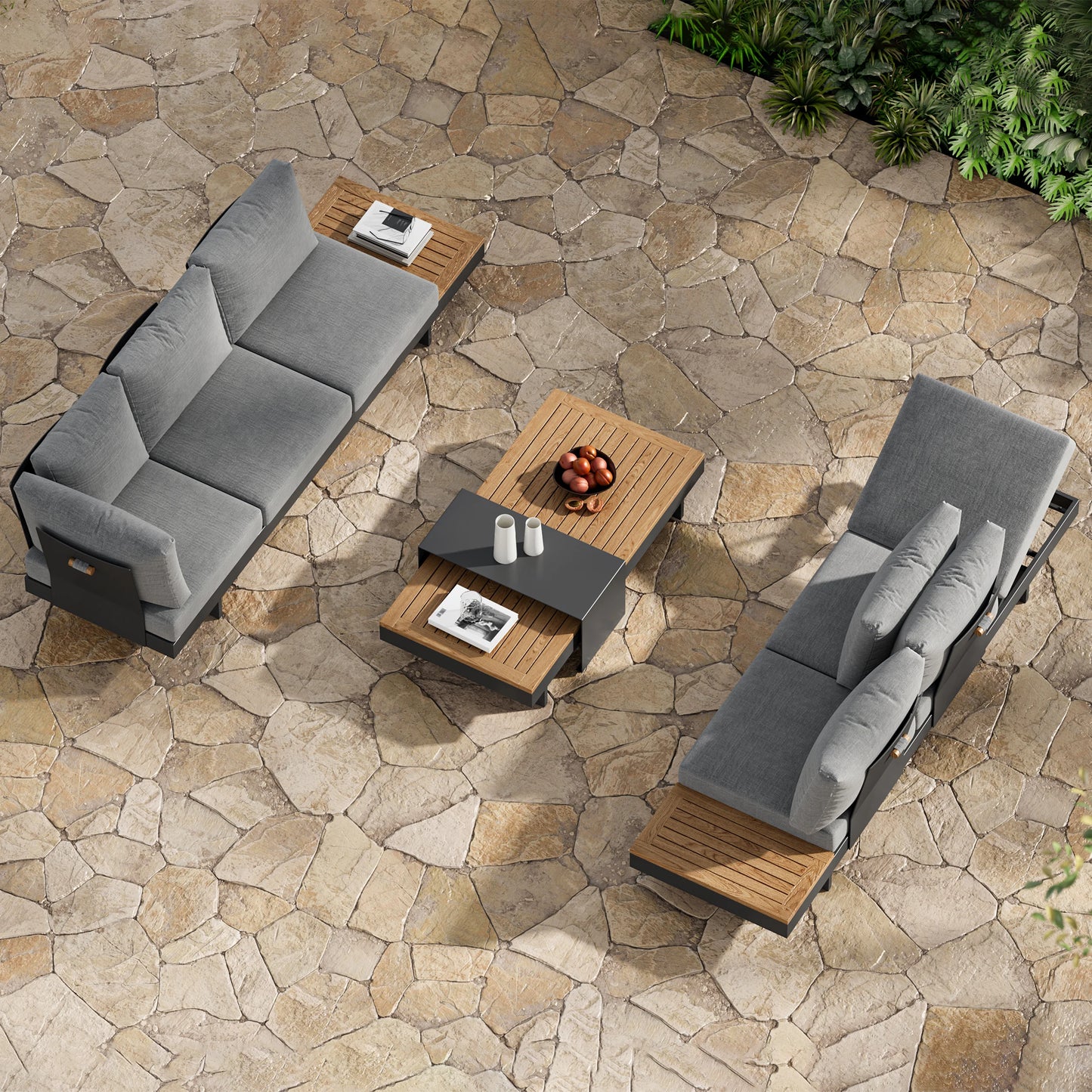 Modular Aluminum Outdoor Sofa Set for 6 – Teak Accent Tables, Beige or Gray Options