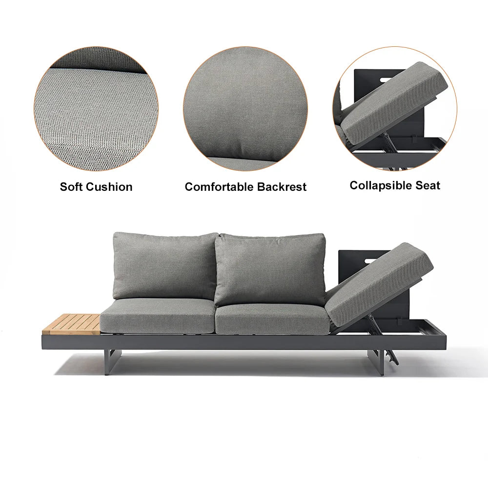 Modular Aluminum Outdoor Sofa Set for 6 – Teak Accent Tables, Beige or Gray Options