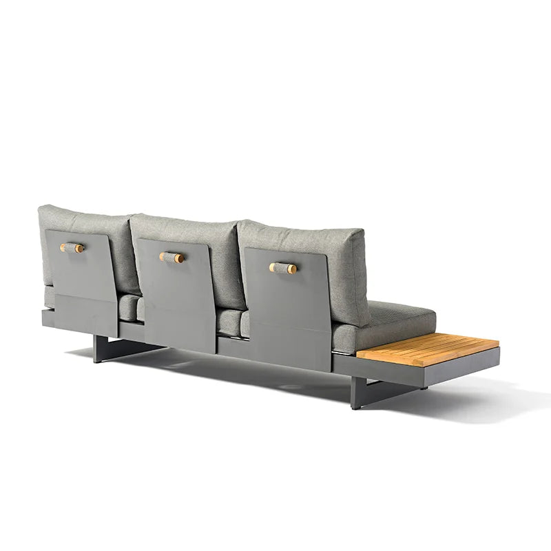 Modular Aluminum Outdoor Sofa Set for 6 – Teak Accent Tables, Beige or Gray Options