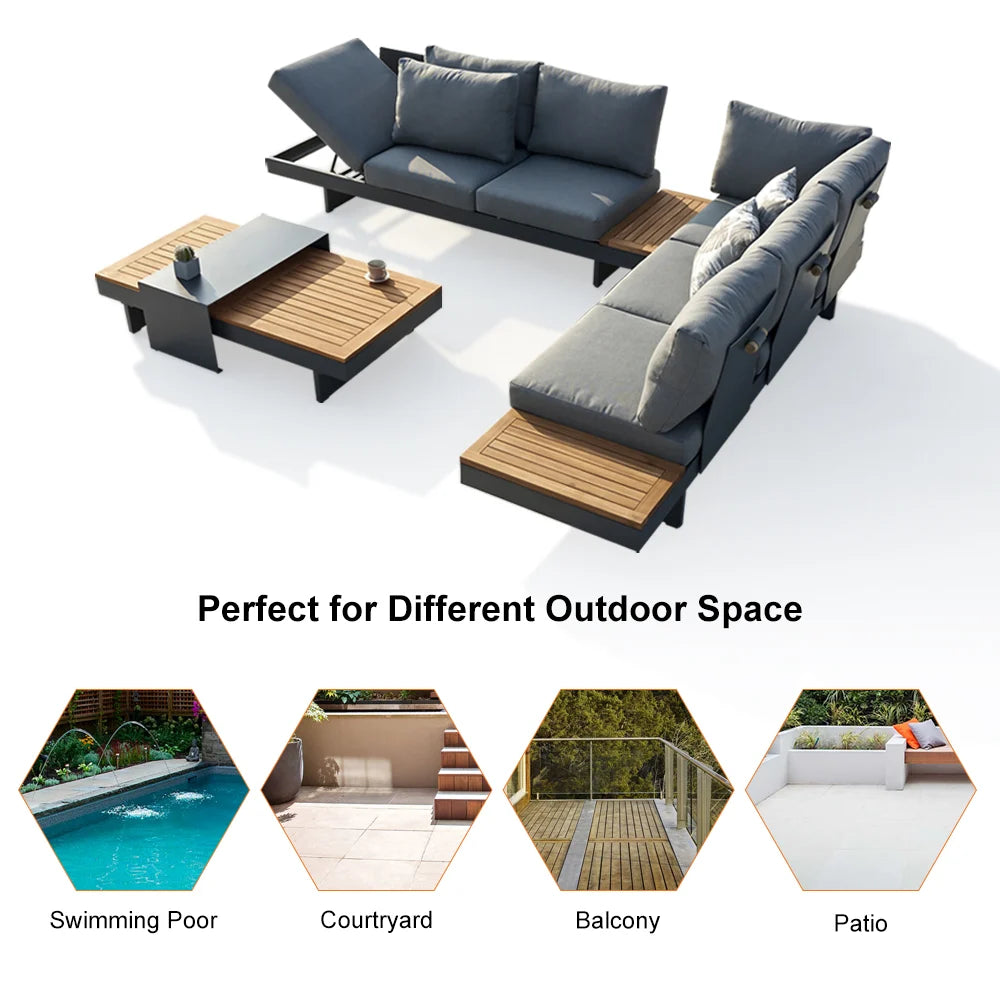 Modular Aluminum Outdoor Sofa Set for 6 – Teak Accent Tables, Beige or Gray Options