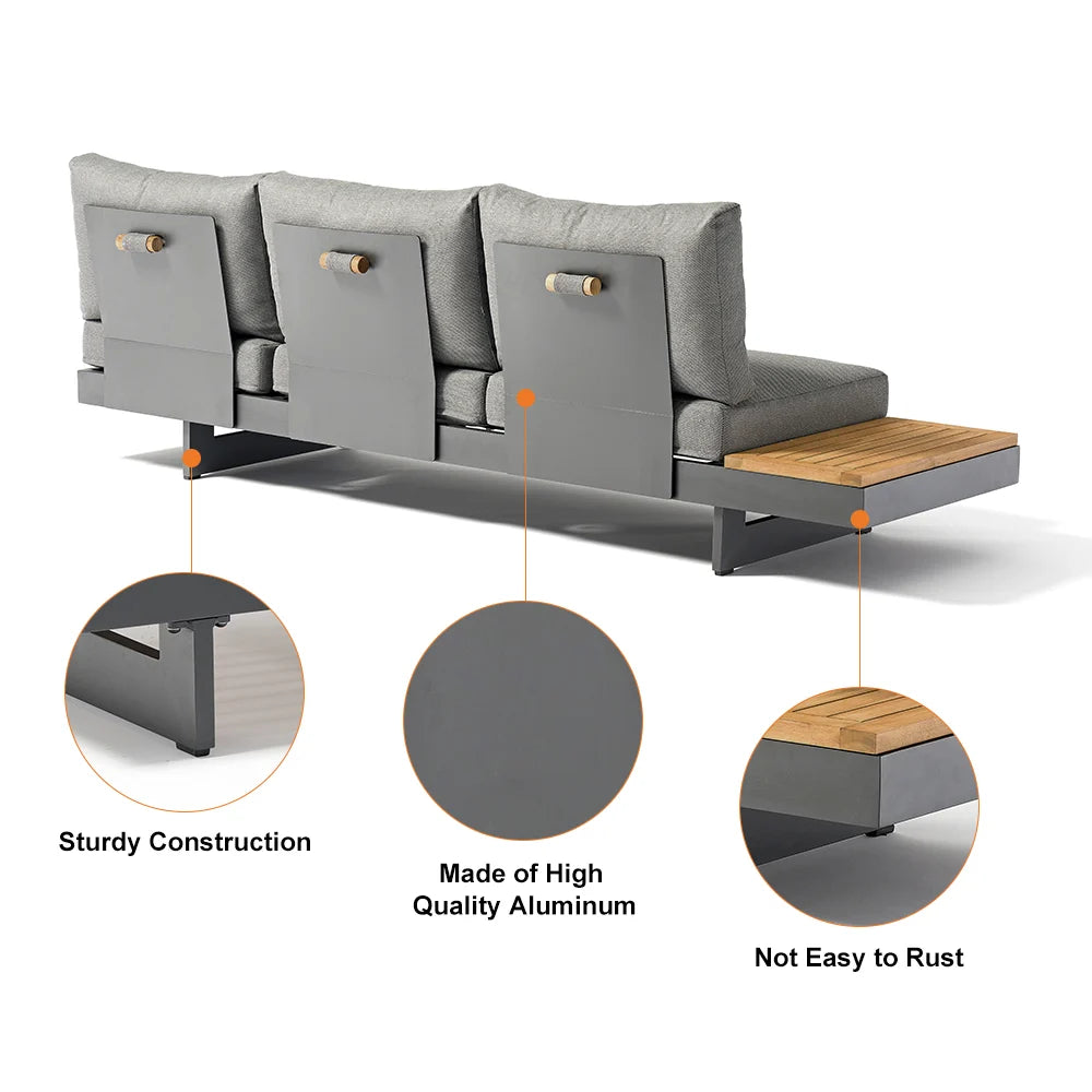 Modular Aluminum Outdoor Sofa Set for 6 – Teak Accent Tables, Beige or Gray Options