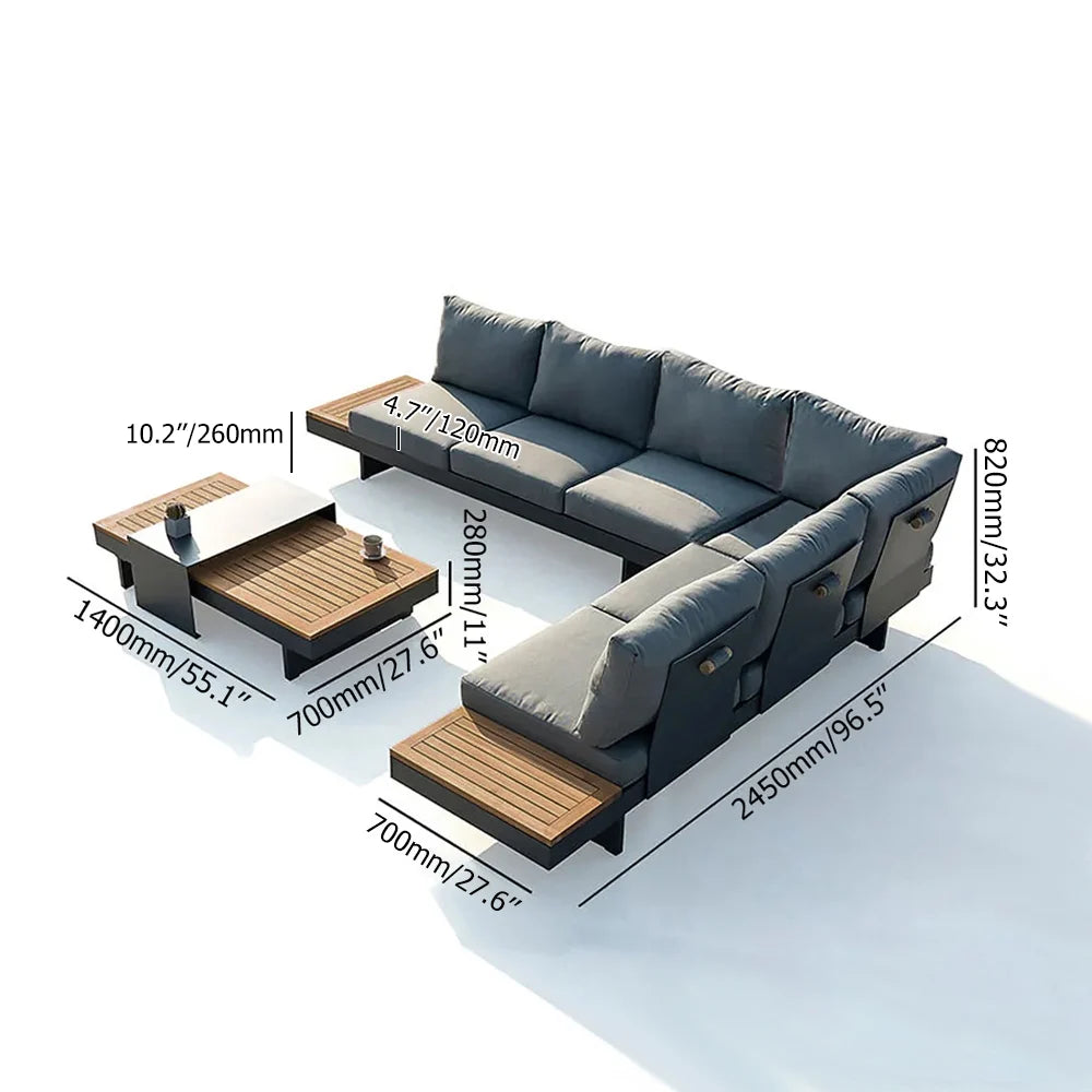 Modular Aluminum Outdoor Sofa Set for 6 – Teak Accent Tables, Beige or Gray Options
