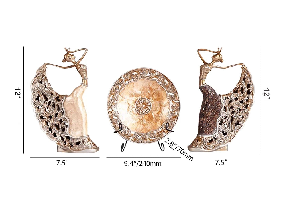 3-Piece Vintage Gold Dancer Sculpture Set with Decorative Shell Plate – Elegant Desktop Decor