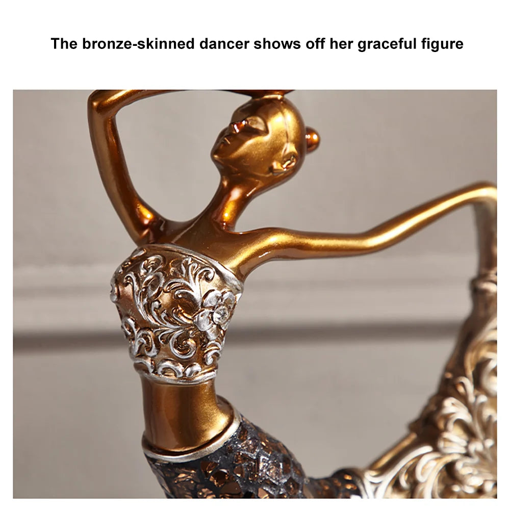 3-Piece Vintage Gold Dancer Sculpture Set with Decorative Shell Plate – Elegant Desktop Decor