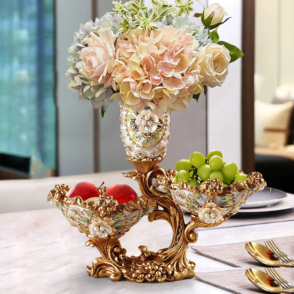 Elegant Gold & White 2-Tier Fruit Basket with Vase – Luxury Resin Snack Tray Decor
