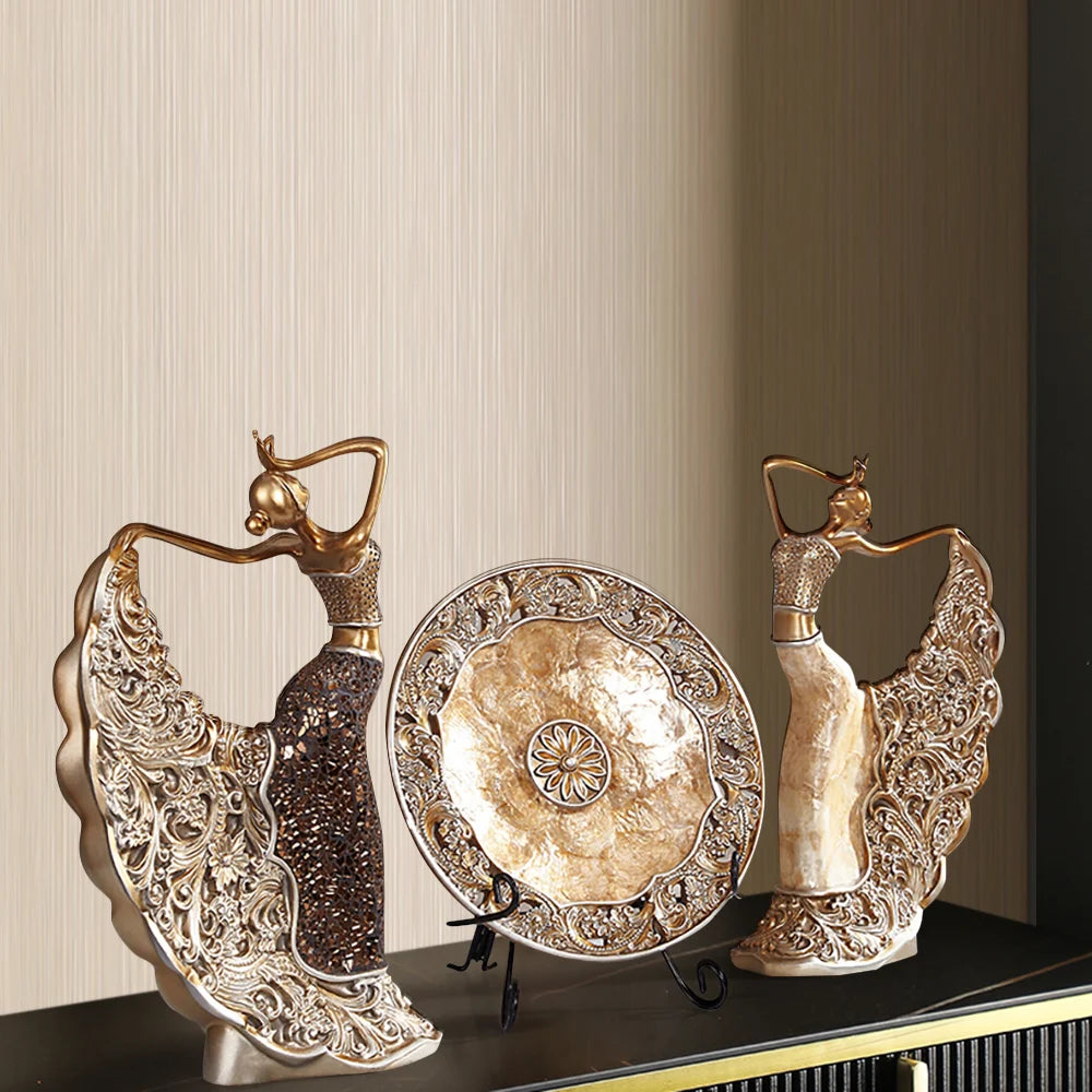 3-Piece Vintage Gold Dancer Sculpture Set with Decorative Shell Plate – Elegant Desktop Decor