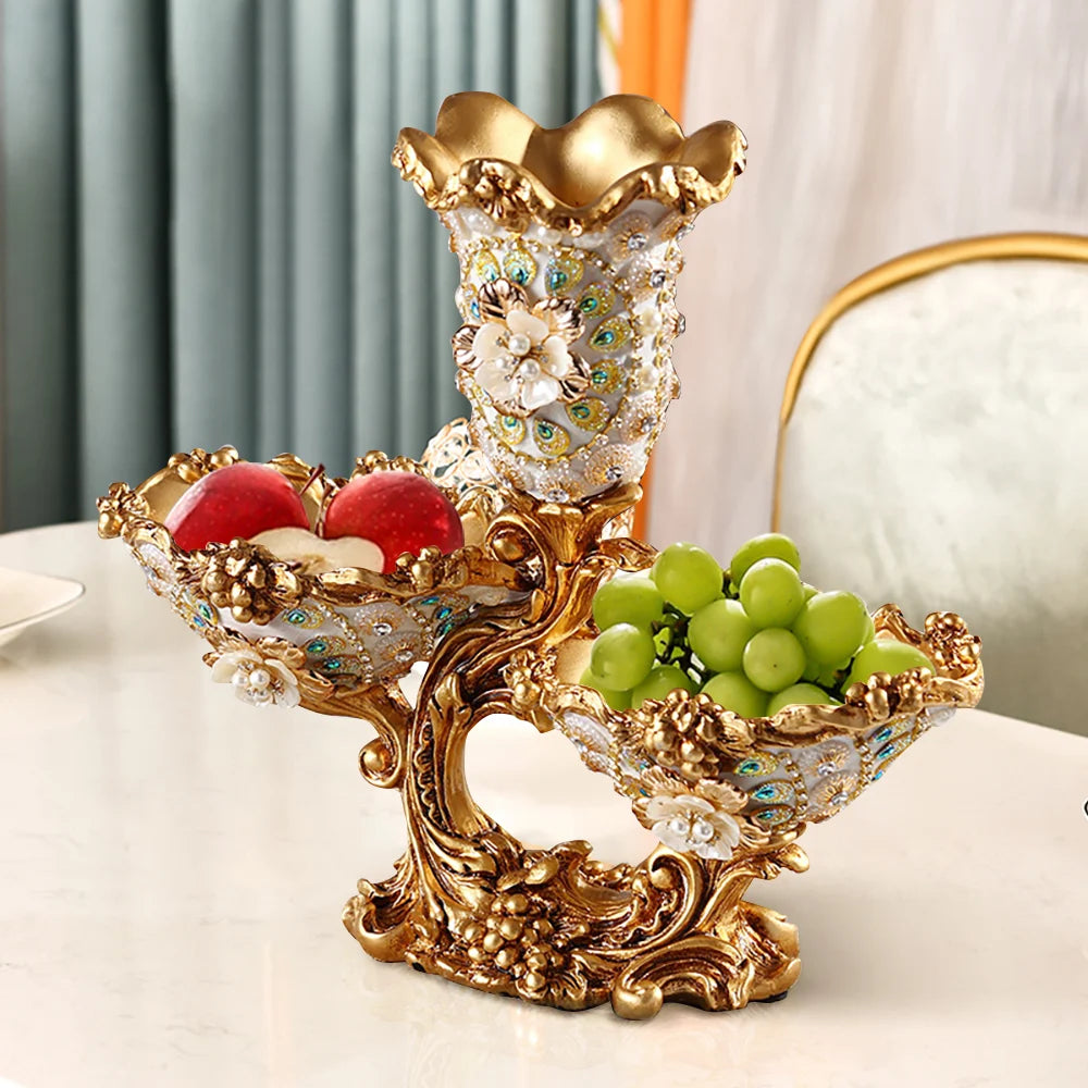 Elegant Gold & White 2-Tier Fruit Basket with Vase – Luxury Resin Snack Tray Decor