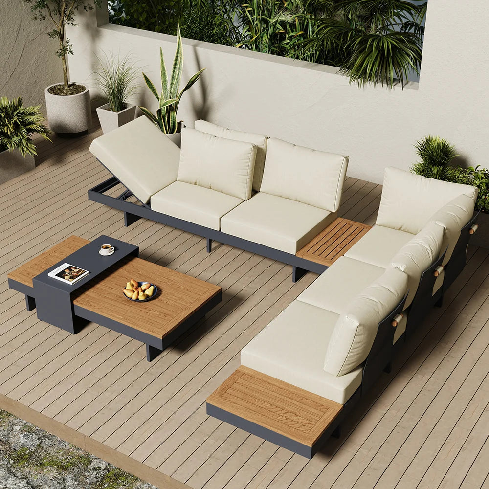 Modular Aluminum Outdoor Sofa Set for 6 – Teak Accent Tables, Beige or Gray Options