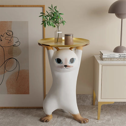 Modern Resin Cat Side Table with Gold Tray – Decorative Floor Figurine End Table