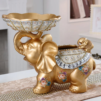 Luxurious Gold Elephant Fruit Basket with Tissue Holder – Elegant Resin Snack Tray Decor