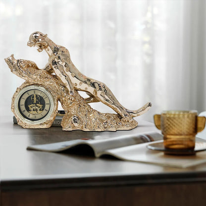 Gold Electroplated Cheetah Table Clock - Elegant Mute Design with Imitation Diamond Resin for Home Decor