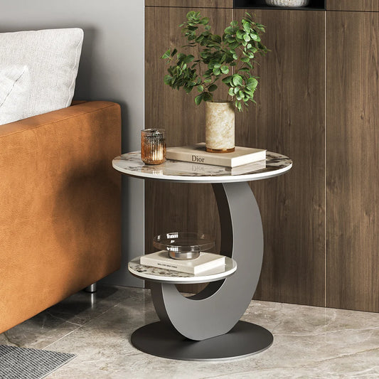 Modern 2-Tier Sintered Stone Round Side Table – Sleek and Minimalist Design for Living Room