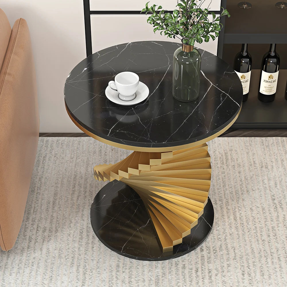 Modern White /Black Faux Marble Round Side Table with Metal Frame – Stylish End Table for Any Space