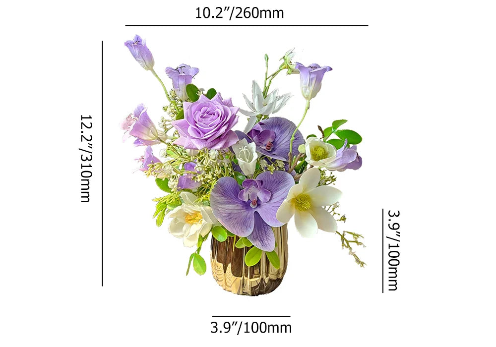 Elegant Purple Artificial Flower Arrangement in Gold Vase – Perfect Dining Table Centerpiece