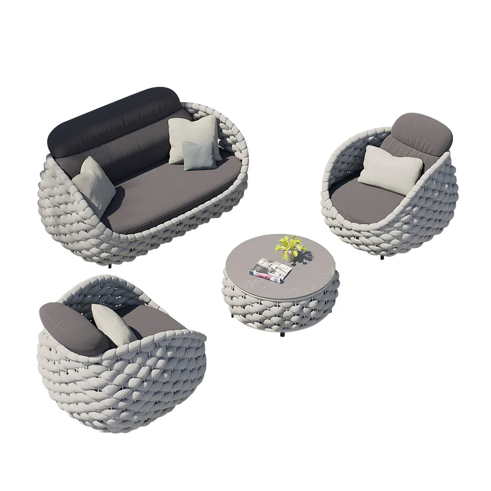 4-Seat Woven Rope Outdoor Sofa Set with Marble-Look Coffee Table
