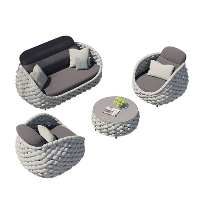 4-Seat Woven Rope Outdoor Sofa Set with Marble-Look Coffee Table