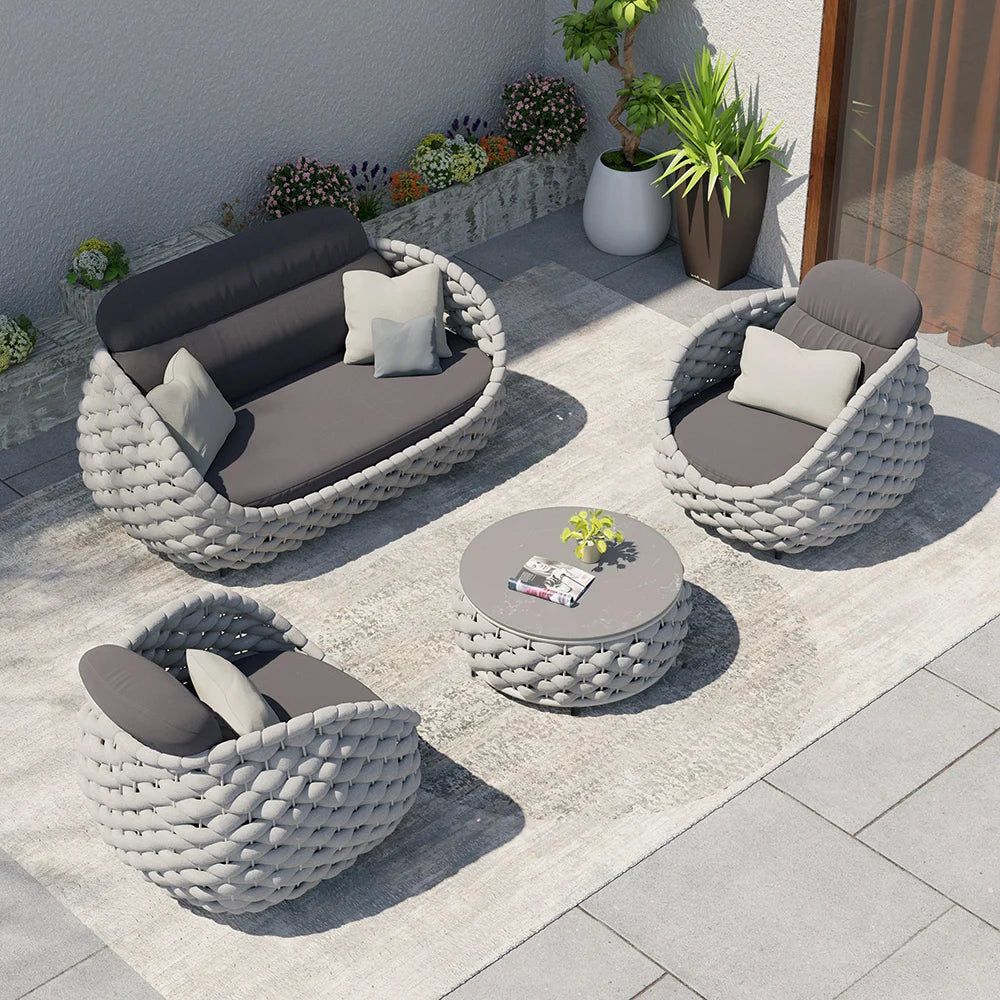 4-Seat Woven Rope Outdoor Sofa Set with Marble-Look Coffee Table