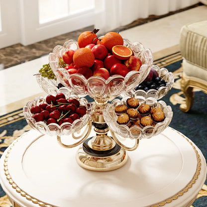 Luxury Rotating Glass Fruit Bowl with Rose Gold Base – Multi-Tier Decorative Serving Stand