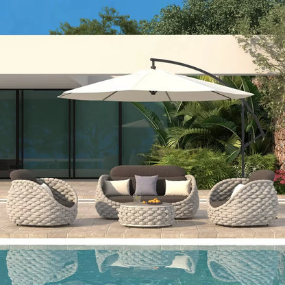 4-Seat Woven Rope Outdoor Sofa Set with Marble-Look Coffee Table