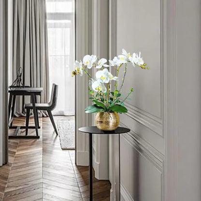 Elegant White Artificial Orchids with Gold Brushed Ceramic Vase – Perfect Tabletop Decoratio