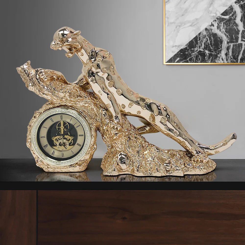 Gold Electroplated Cheetah Table Clock - Elegant Mute Design with Imitation Diamond Resin for Home Decor