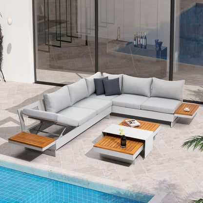 Molise II – Modular Aluminum Outdoor Sofa Set for 6, Gen 2 with Acacia Wood Accent Tables