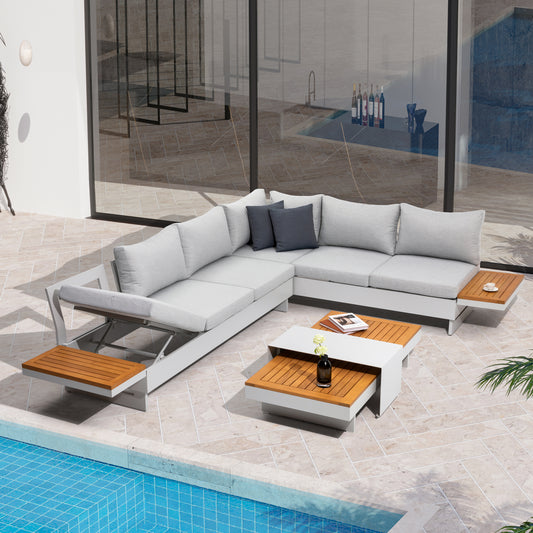 Molise II – Modular Aluminum Outdoor Sofa Set for 6, Gen 2 with Acacia Wood Accent Tables