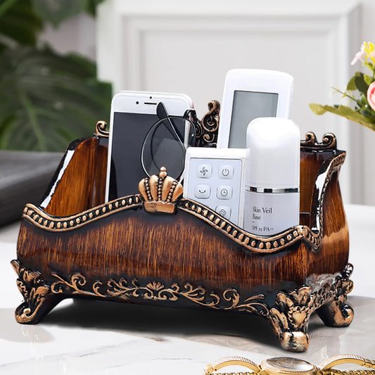 -Vintage Brown Resin Remote Control Holder – Elegant Living Room Storage Box and Home Decor