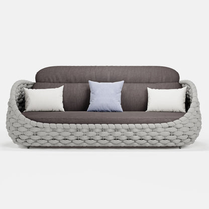 4-Seat Woven Rope Outdoor Sofa Set with Marble-Look Coffee Table